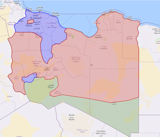 Current map of approximate territorial control in Libya. GNU in blue (west). LNA-backed GNS in red (east). Local tribes/militias in green. 