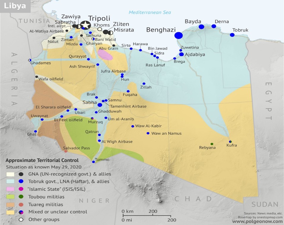 Map of territorial control in Libya a few months before the 2020 ceasefire, per PolGeoNow.com