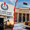 National Oil Corporation and Central Bank of Libya shown on opposite sides of a red dividing line, symbolising a dispute over oil revenue reporting and the need for greater financial transparency.