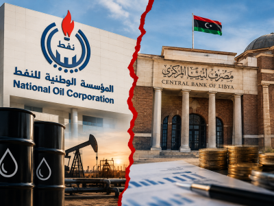 National Oil Corporation and Central Bank of Libya shown on opposite sides of a red dividing line, symbolising a dispute over oil revenue reporting and the need for greater financial transparency.