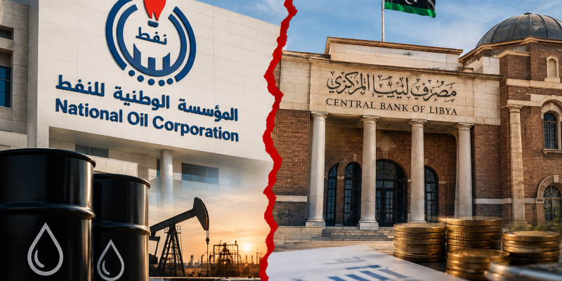 National Oil Corporation and Central Bank of Libya shown on opposite sides of a red dividing line, symbolising a dispute over oil revenue reporting and the need for greater financial transparency.